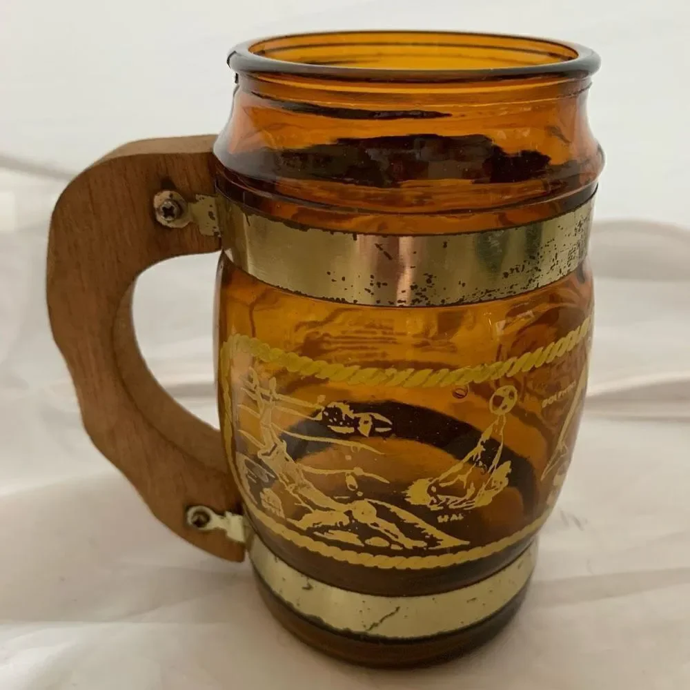 Vintage 1980 Sea World Souvenir Brown Glass Mug Wood Handle